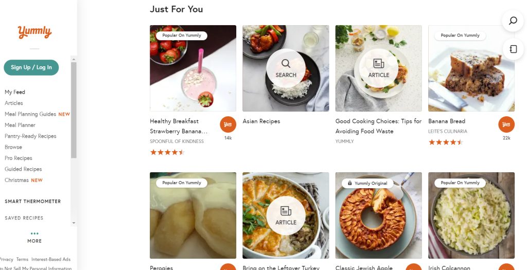 Screenshot of the website Yummly